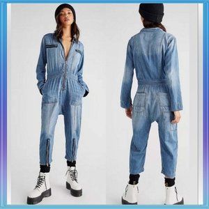 New sz L FREE PEOPLE x Sandrine Rose Striped Denim Zip Jumpsuit Slouchy …